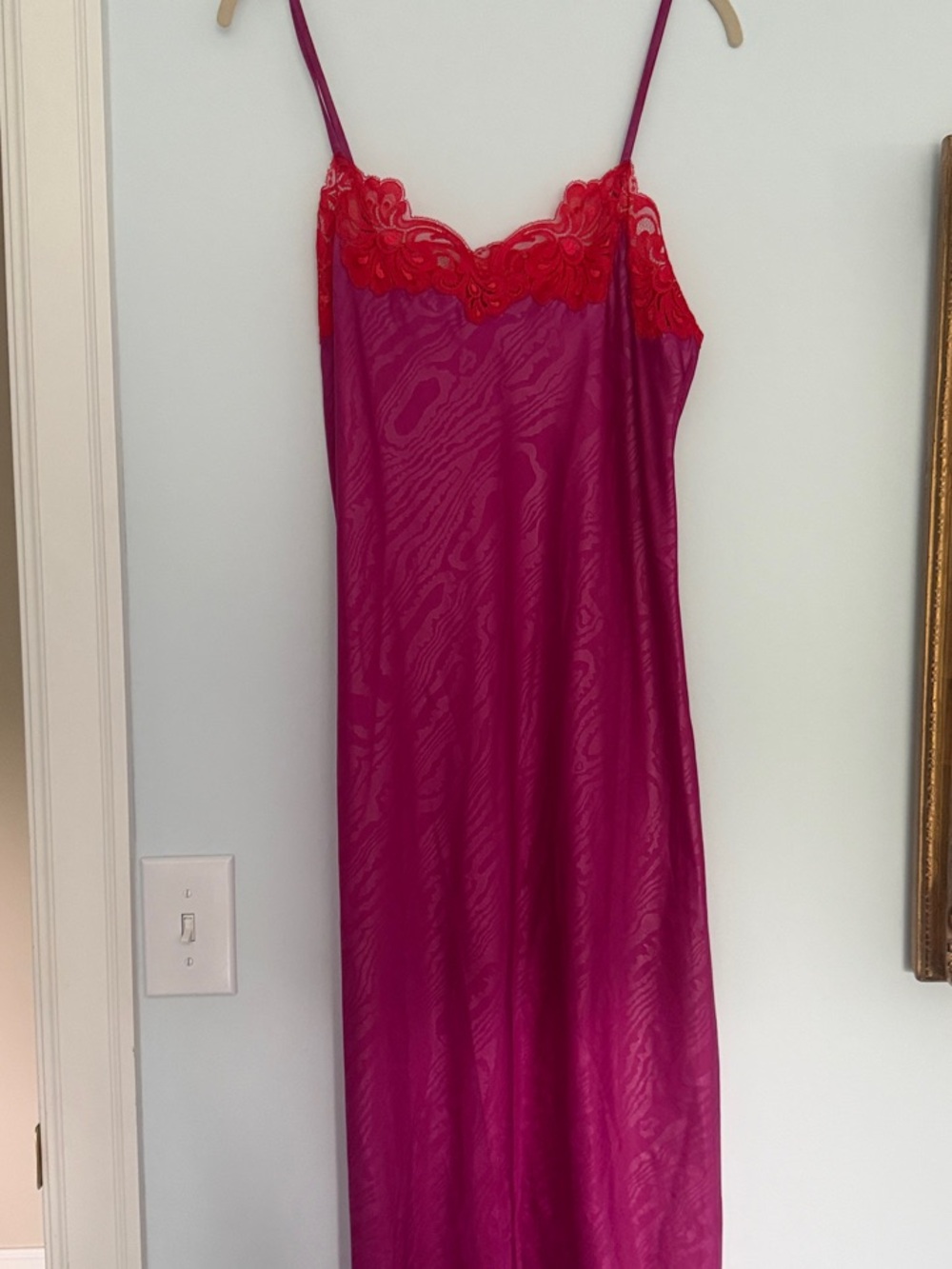 Magenta Slip Chemise with Red Lace Trim